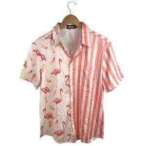 Vatpave Mens Pink White Flamingo Striped Short Sleeve Button Down Shirt Top Sz M